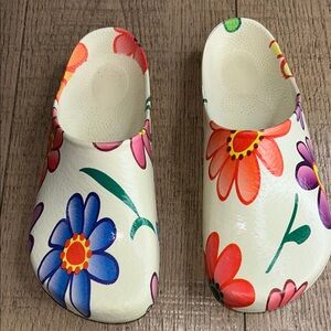Birkenstock Red and Blue Floral Mules Vibrant Design